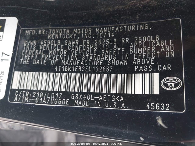 Toyota AVALON XLE 2014 4T1BK1EB3EU132667 Image 9