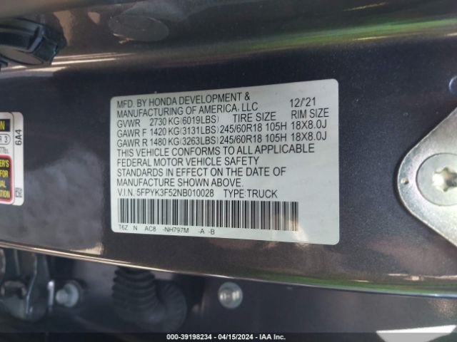 5FPYK3F52NB010028 Honda Ridgeline Rtl