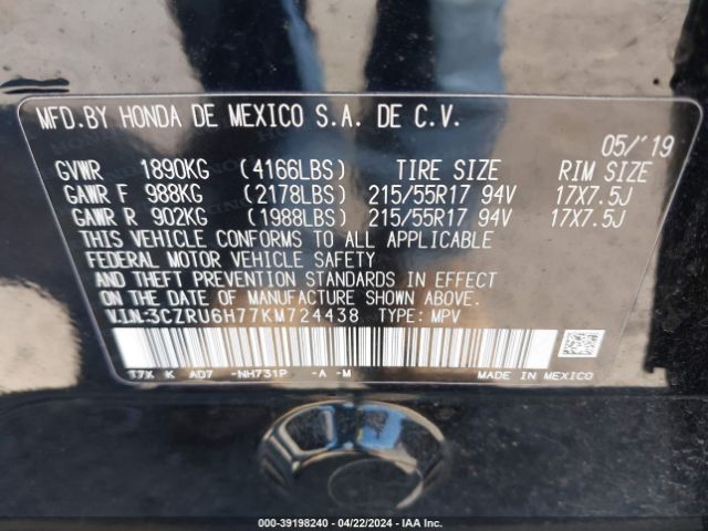 3CZRU6H77KM724438 Honda Hr-v Ex-l