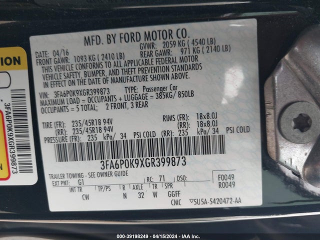 Ford Fusion Titanium 2016 3FA6P0K9XGR399873 Image 9