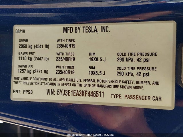 Tesla Model 3 Long Range/mid Range/standard Range/standard Range Plus 2019 5YJ3E1EA3KF446511 Image 8
