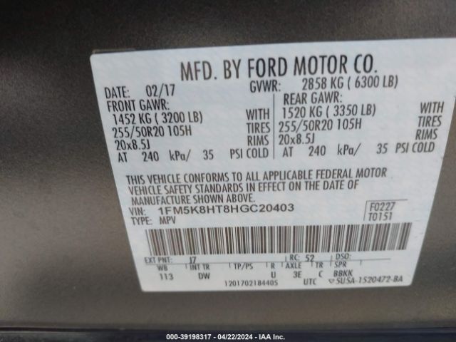 1FM5K8HT8HGC20403 Ford Explorer Platinum