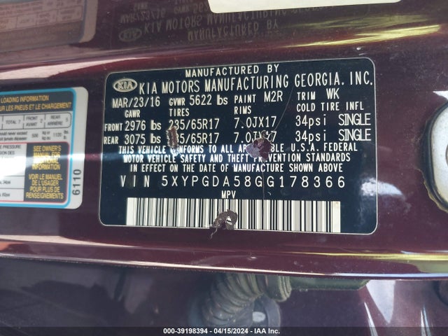 KIA Sorento 3.3l Lx 2016 5XYPGDA58GG178366 Image 9