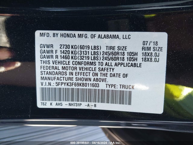 Honda Ridgeline Rtl-t 2019 5FPYK3F69KB011603 Image 9