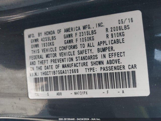 Honda ACCORD EX 2016 1HGCT1B75GA012669 Image 9