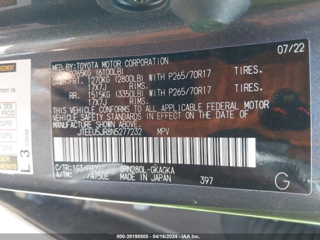 Toyota 4RUNNER SR5 2022 JTEEU5JR8N5277232 Image 9