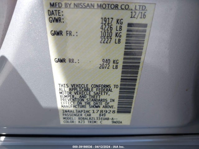 Nissan Altima 2.5 Sl 2017 1N4AL3AP1HC178928 Image 9