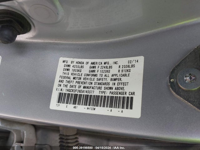 Honda ACCORD LX 2014 1HGCR2F36EA145577 Image 9