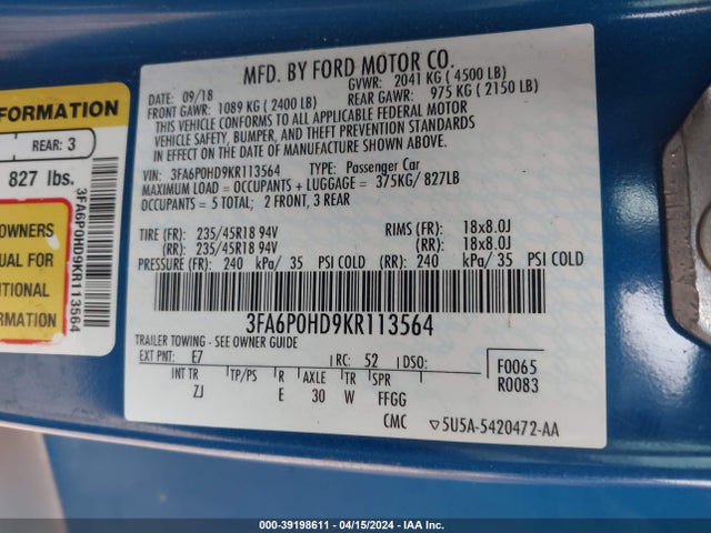 Ford FUSION SE 2019 3FA6P0HD9KR113564 Image 9