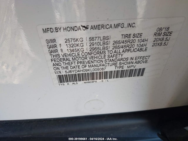 Acura Mdx Tech   A-spec Pkgs 2019 5J8YD4H09KL005087 Image 9