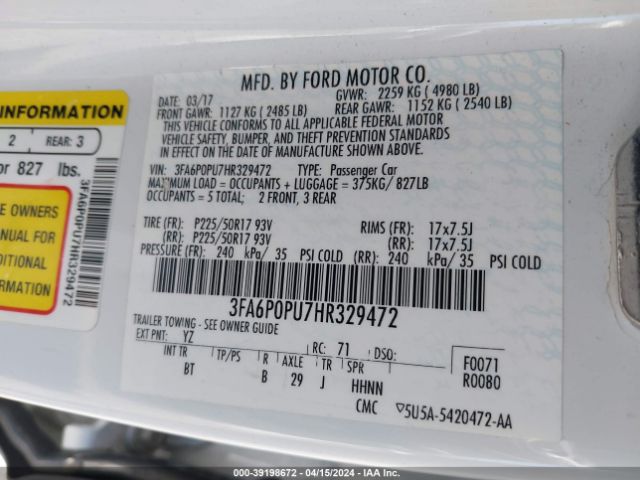3FA6P0PU7HR329472 Ford Fusion Energi Se Luxury