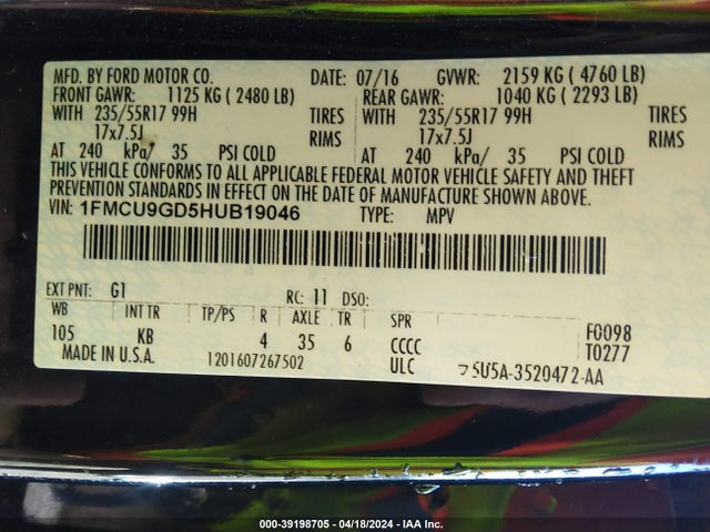 Ford ESCAPE SE 2017 1FMCU9GD5HUB19046 Image 9