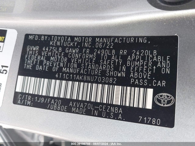 Toyota CAMRY LE 2022 4T1C11AK8NU703082 Image 9