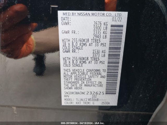 5N1DR3BA3NC232625 Nissan Pathfinder Sv 2wd