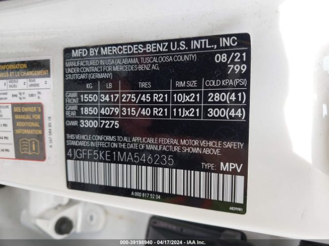 4JGFF5KE1MA546235 Mercedes-Benz Gls 450 4matic