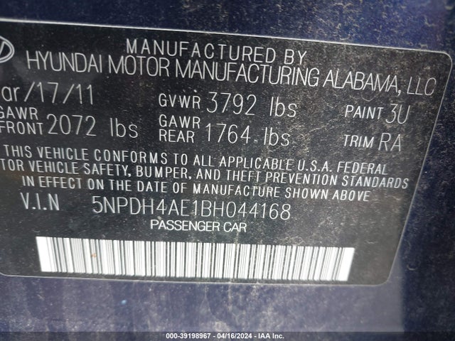 39198967 :رقم المزاد ، 5NPDH4AE1BH044168 vin ، 2011 Hyundai Elantra Gls مزاد بيع