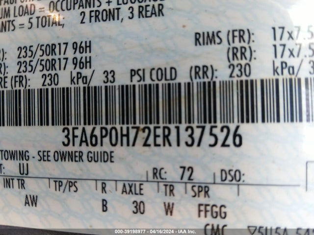 Ford FUSION SE 2014 3FA6P0H72ER137526 Image 9
