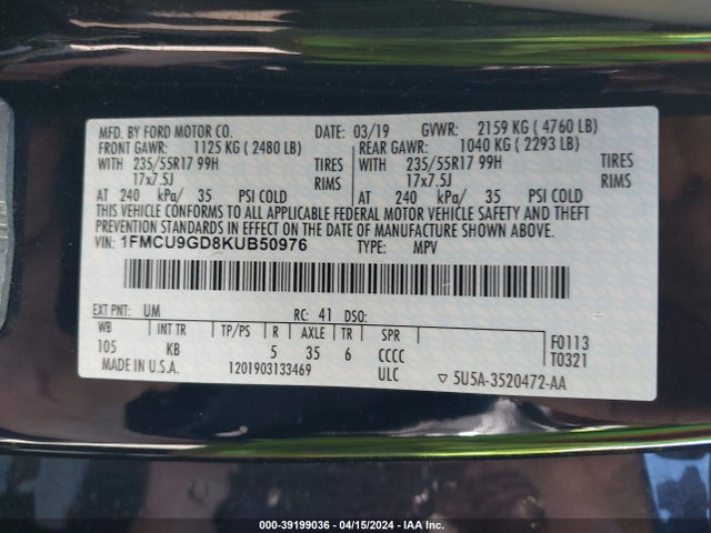 Ford ESCAPE SE 2019 1FMCU9GD8KUB50976 Image 9