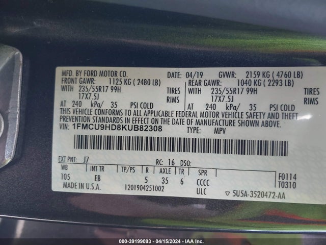 Ford ESCAPE SEL 2019 1FMCU9HD8KUB82308 Image 9