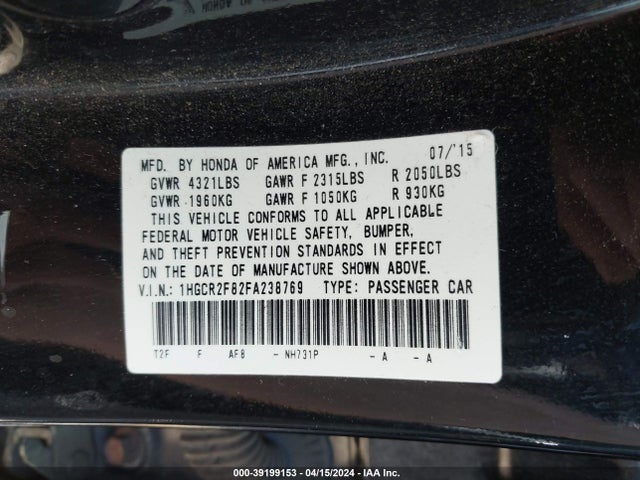 Honda Accord Ex-l 2015 1HGCR2F82FA238769 Image 9