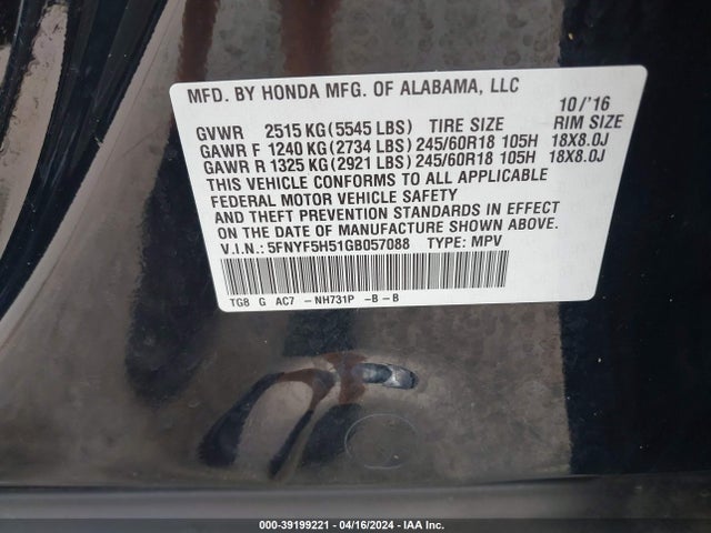 Honda Pilot Ex-l 2016 5FNYF5H51GB057088 Image 9