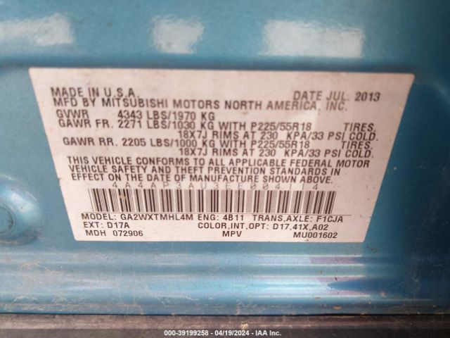 4A4AP3AU3EE004114 Mitsubishi Outlander Sport Es