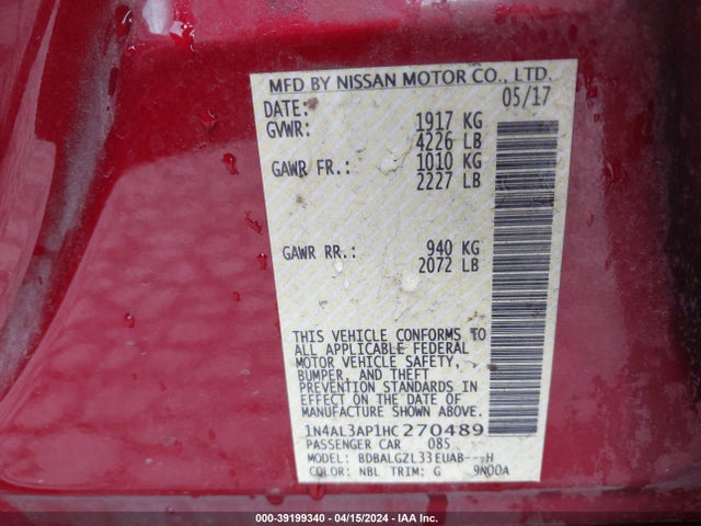 Nissan Altima 2.5 S 2017 1N4AL3AP1HC270489 Image 9