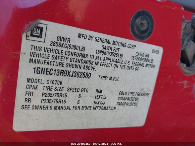 1999 CHEVROLET TAHOE 1GNEC13R9XJ362689 Photo 8