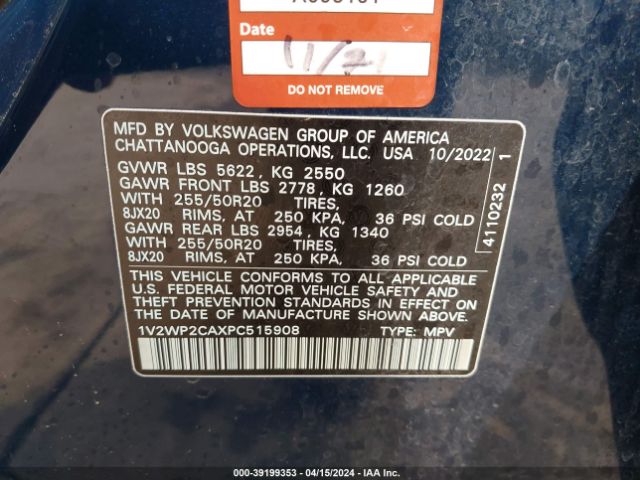 1V2WP2CAXPC515908 Volkswagen Atlas 2.0t Se W/technology