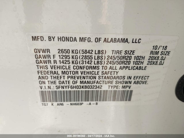 Honda Pilot Elite 2019 5FNYF6H03KB032342 Image 9