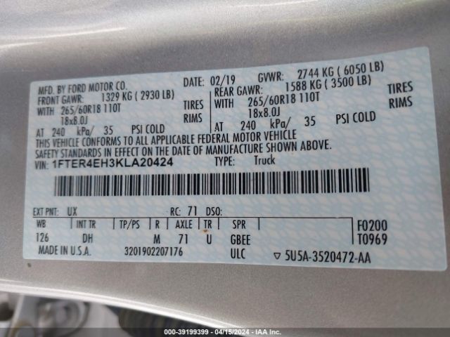 1FTER4EH3KLA20424 Ford Ranger Lariat