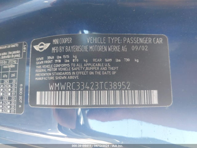 2003 MINI COOPER WMWRC33423TC38952 Photo 8