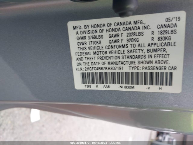 Honda Civic Lx 2019 2HGFC4B67KH307191 Image 9