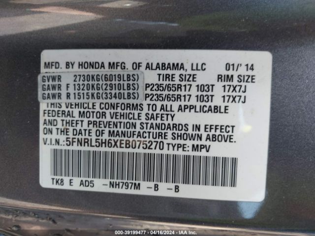 5FNRL5H6XEB075270 Honda Odyssey Ex-l