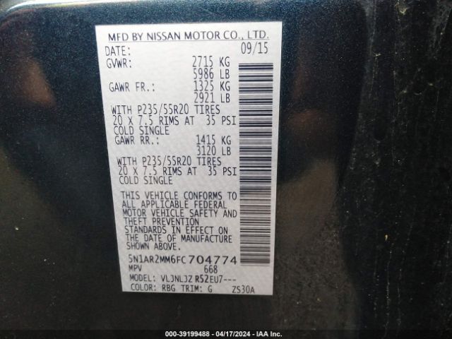 5N1AR2MM6FC704774 Nissan Pathfinder Platinum
