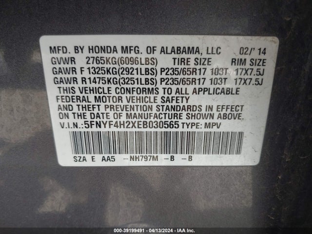 Honda PILOT LX 2014 5FNYF4H2XEB030565 Image 9