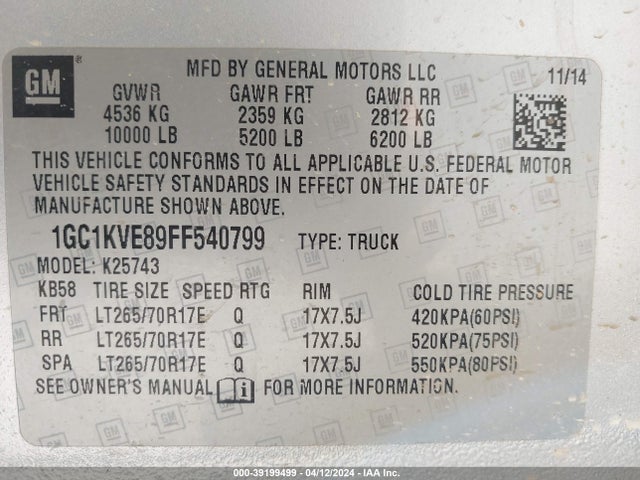 Chevrolet Silverado 2500hd Lt 2015 1GC1KVE89FF540799 Image 9