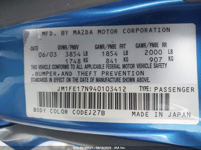 39199521 :رقم المزاد ، JM1FE17N940103412 vin ، 2004 Mazda Rx-8 Sport Automatic مزاد بيع