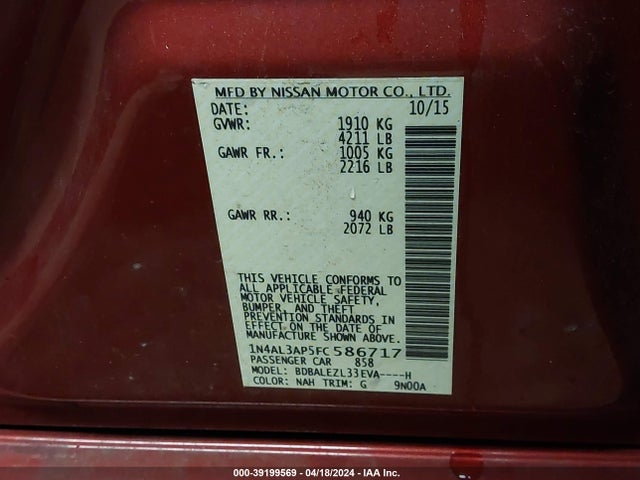 Nissan Altima 2.5 S 2015 1N4AL3AP5FC586717 Image 9