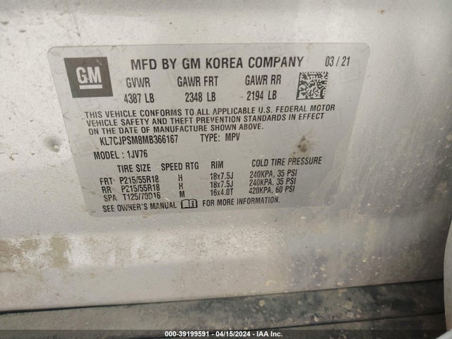 Chevrolet Trax Awd Lt 2021 KL7CJPSM8MB366167 Image 9