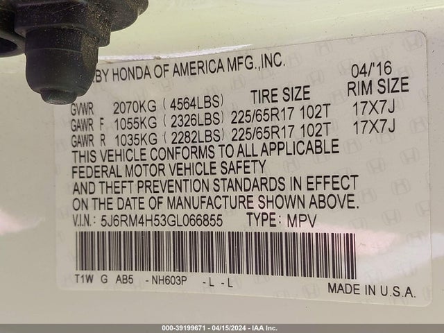 Honda CR-V EX 2016 5J6RM4H53GL066855 Image 9