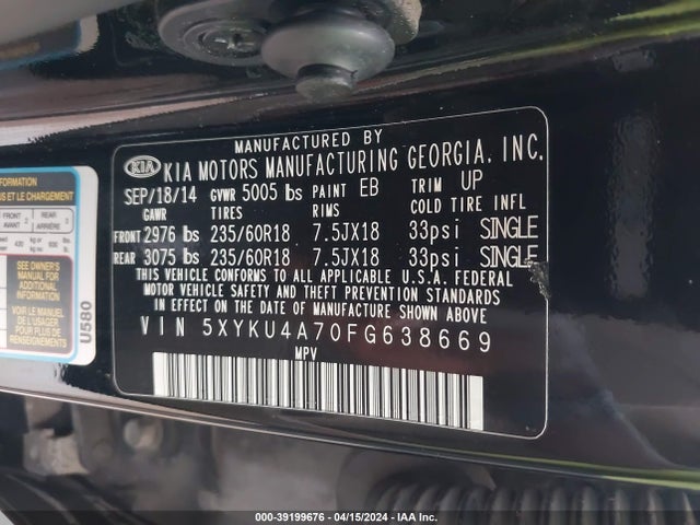 KIA Sorento Ex V6 2015 5XYKU4A70FG638669 Image 9