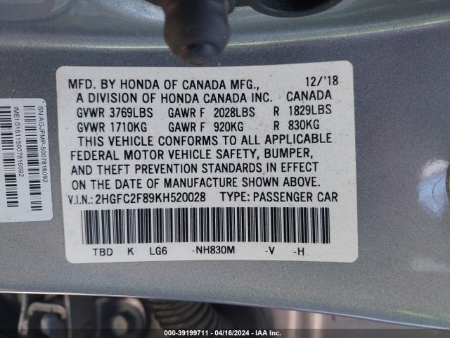 Honda Civic Sport 2019 2HGFC2F89KH520028 Image 9