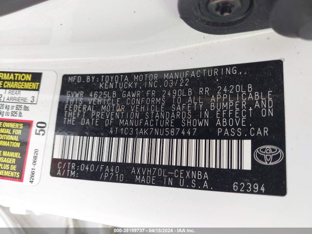 Toyota Camry Le Hybrid 2022 4T1C31AK7NU587447 Image 9