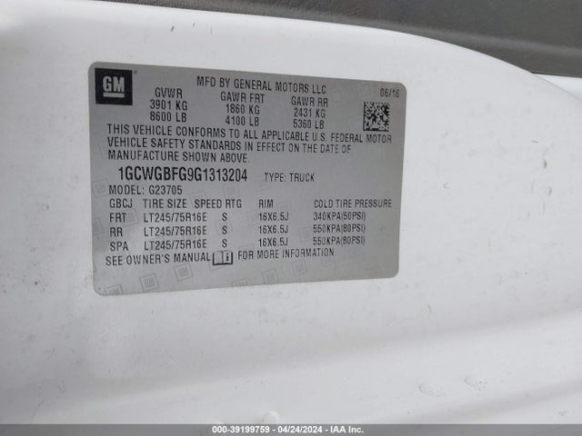 Chevrolet Express 2500 Work Van 2016 1GCWGBFG9G1313204 Image 9