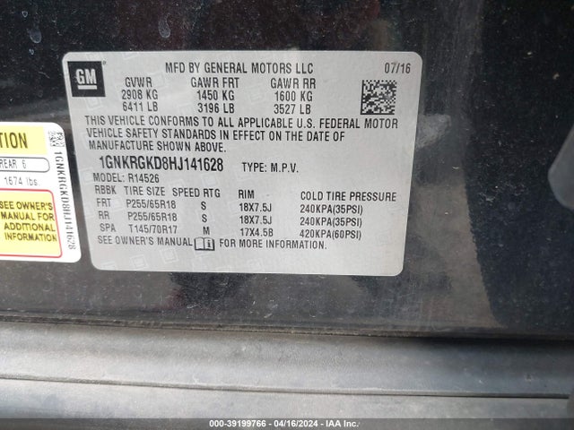Chevrolet Traverse 1lt 2017 1GNKRGKD8HJ141628 Image 9