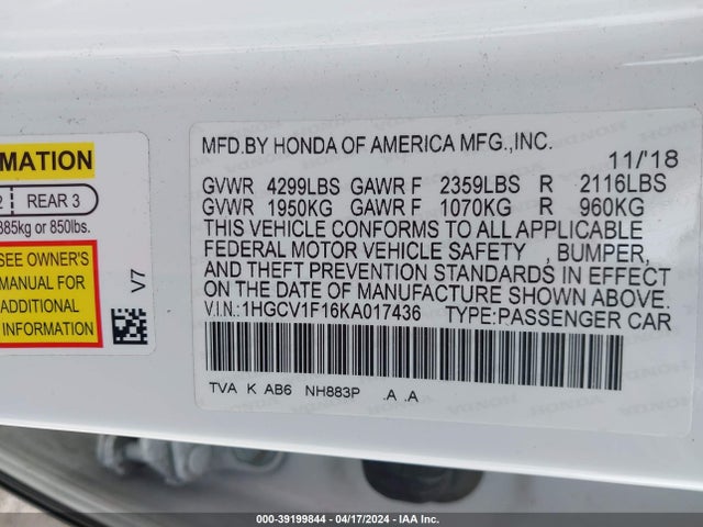 Honda ACCORD LX 2019 1HGCV1F16KA017436 Image 9