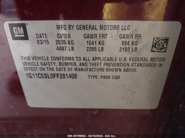 Chevrolet MALIBU 1LT 2015 1G11C5SL0FF281408 Image 9