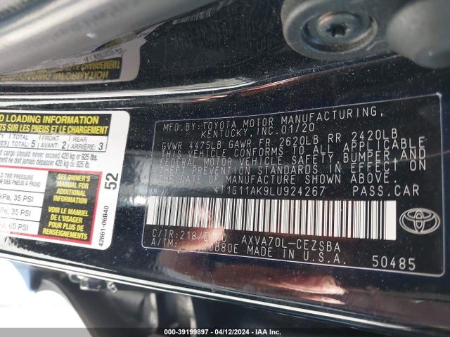 Toyota CAMRY SE 2020 4T1G11AK9LU924267 Image 9