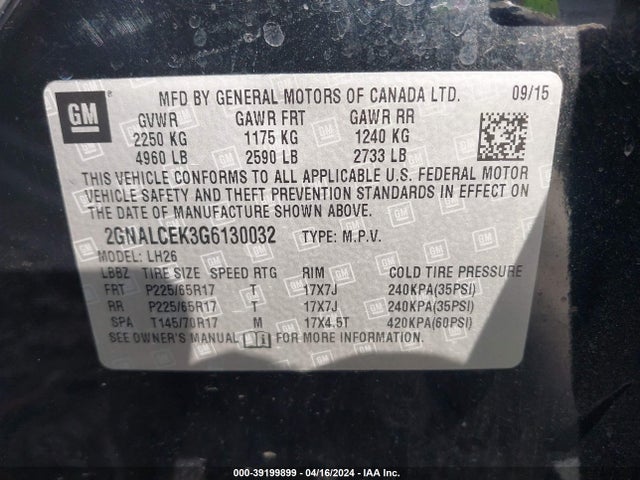 Chevrolet EQUINOX LT 2016 2GNALCEK3G6130032 Image 9
